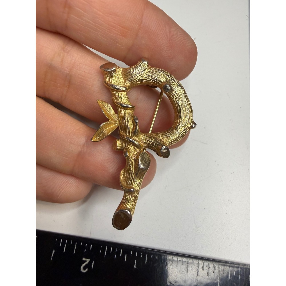Sarah Coventry Vintage Initial P Brooch Gold Tone Branch Leaf Two Tone Pin
